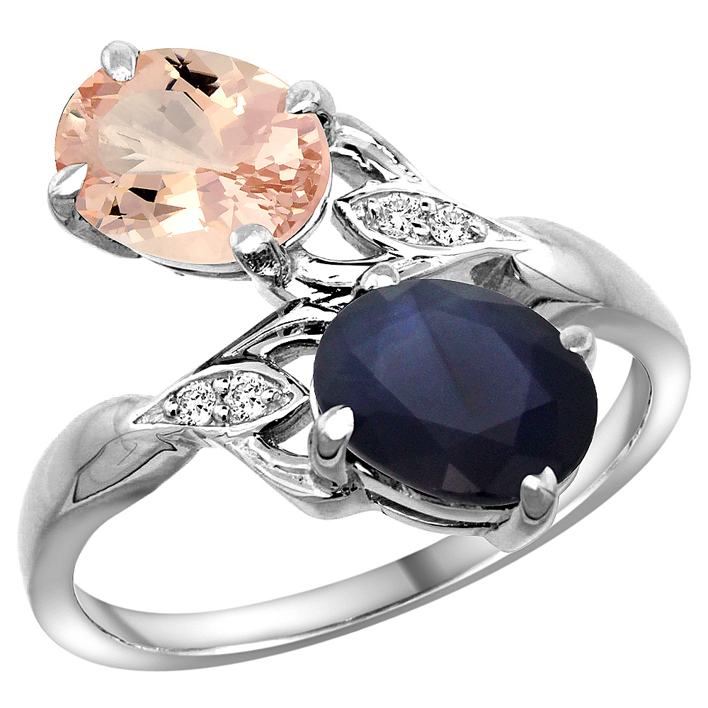 Sabrina Silver 14k White Gold Diamond Natural Morganite & Blue Sapphire 2-stone Ring Oval 8x6mm, sizes 5 - 10