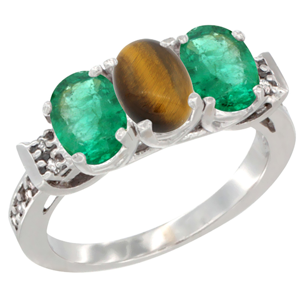Sabrina Silver 14K White Gold Natural Tiger Eye & Emerald Sides Ring 3-Stone Oval 7x5 mm Diamond Accent, sizes 5 - 10