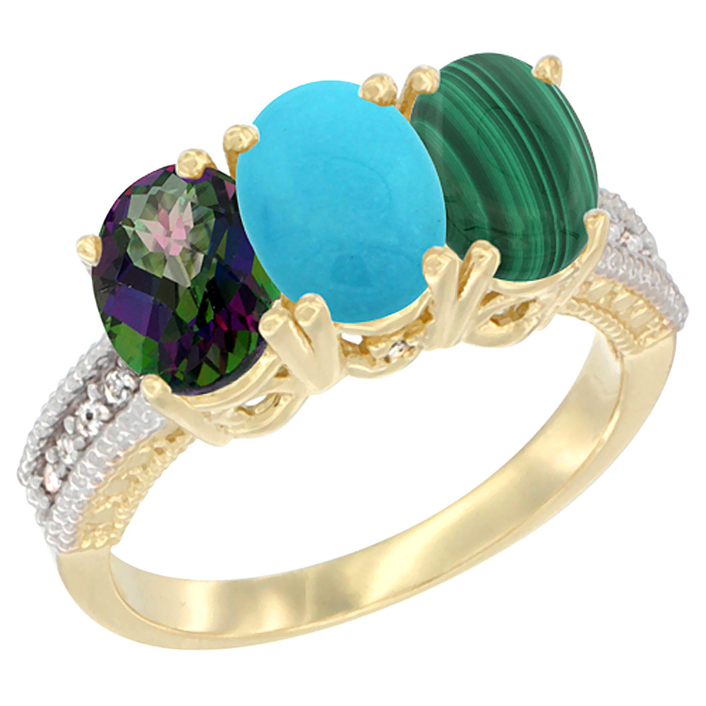 Sabrina Silver 14K Yellow Gold Natural Mystic Topaz, Turquoise & Malachite Ring 3-Stone 7x5 mm Oval Diamond Accent, sizes 5 - 10