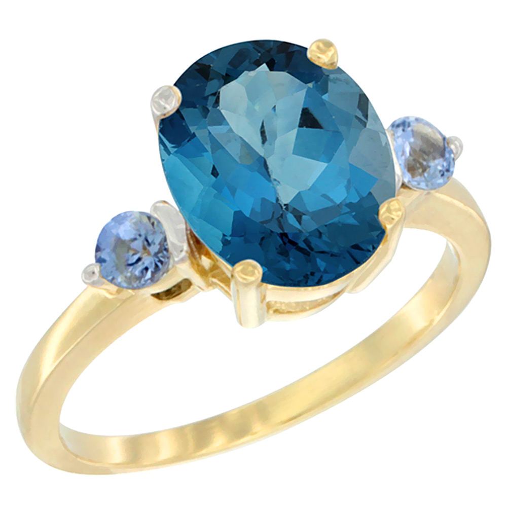 Sabrina Silver 10K Yellow Gold 10x8mm Oval Natural London Blue Topaz Ring for Women Light Blue Sapphire Side-stones sizes 5 - 10