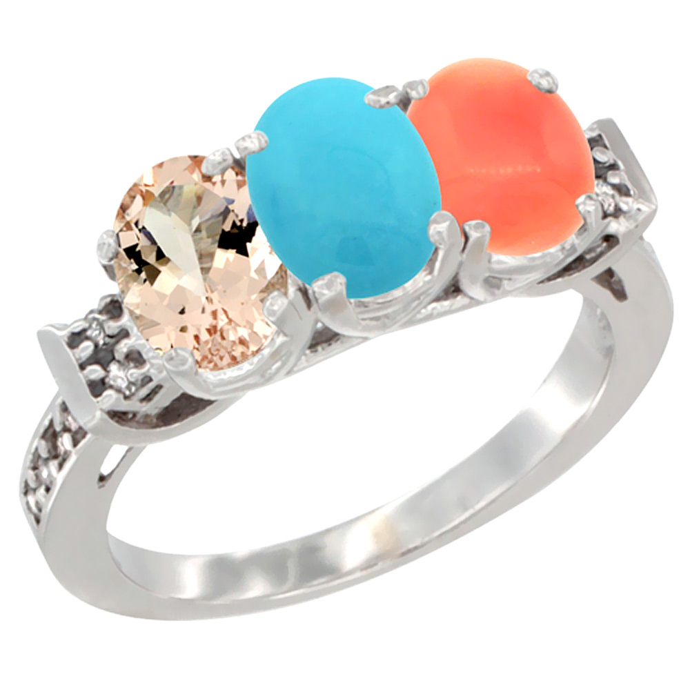 Sabrina Silver 10K White Gold Natural Morganite, Turquoise & Coral Ring 3-Stone Oval 7x5 mm Diamond Accent, sizes 5 - 10