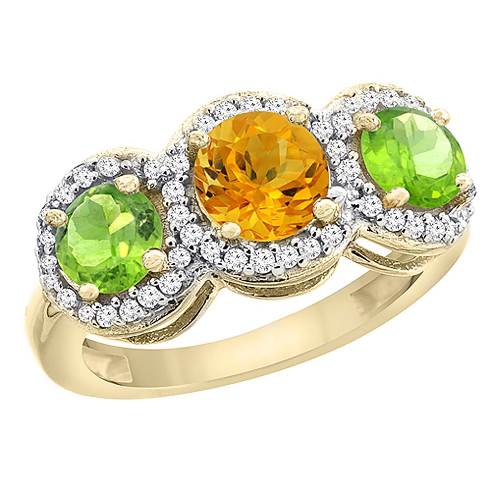 Sabrina Silver 10K Yellow Gold Natural Citrine & Peridot Sides Round 3-stone Ring Diamond Accents, sizes 5 - 10