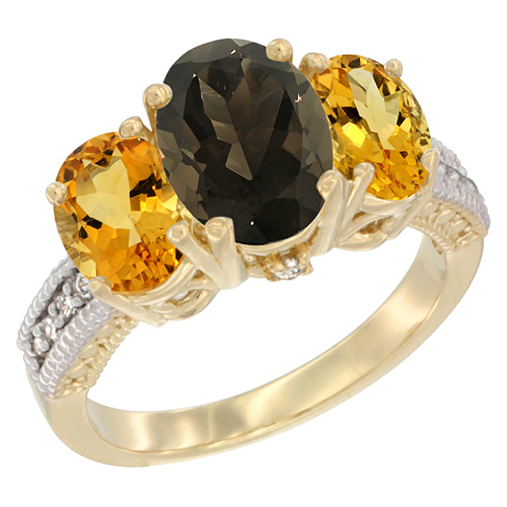 Sabrina Silver 14K Yellow Gold Diamond Natural Smoky Topaz Ring 3-Stone Oval 8x6mm with Citrine, sizes5-10