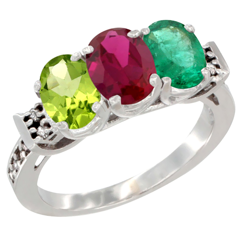 Sabrina Silver 10K White Gold Natural Peridot, Enhanced Ruby & Natural Emerald Ring 3-Stone Oval 7x5 mm Diamond Accent, sizes 5 - 10