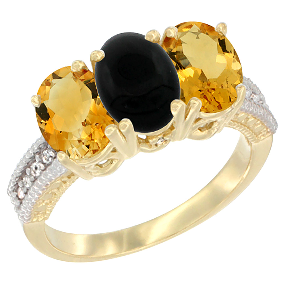 Sabrina Silver 10K Yellow Gold Diamond Natural Black Onyx & Citrine Ring 3-Stone 7x5 mm Oval, sizes 5 - 10