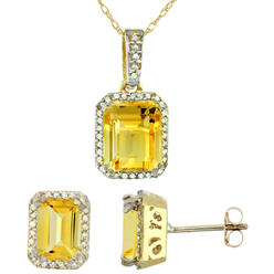 Sabrina Silver 10K Yellow Gold Diamond Natural Octagon Citrine Earrings & Pendant Set
