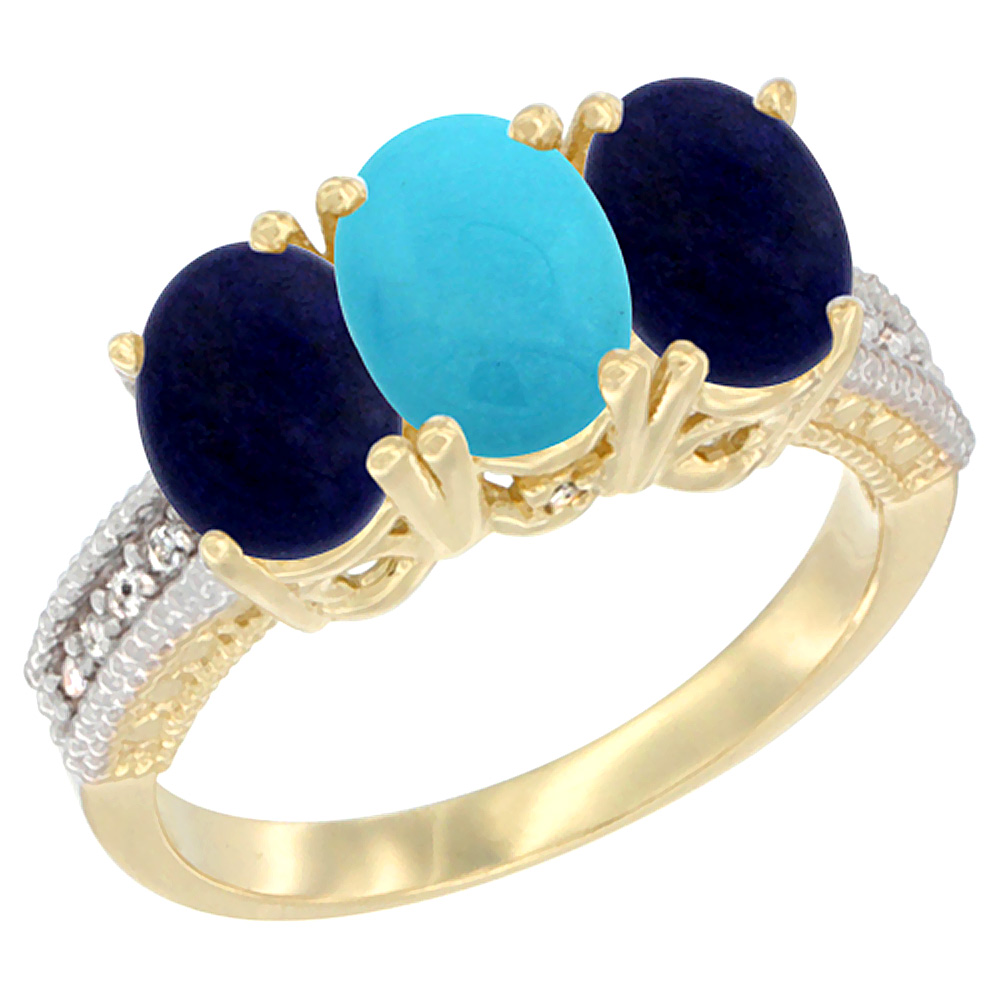 Sabrina Silver 14K Yellow Gold Natural Turquoise Ring with Lapis 3-Stone 7x5 mm Oval Diamond Accent, sizes 5 - 10