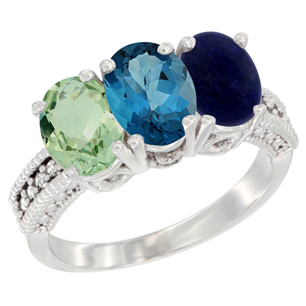 Sabrina Silver 14K White Gold Natural Green Amethyst, London Blue Topaz & Lapis Ring 3-Stone 7x5 mm Oval Diamond Accent, sizes 5 - 10