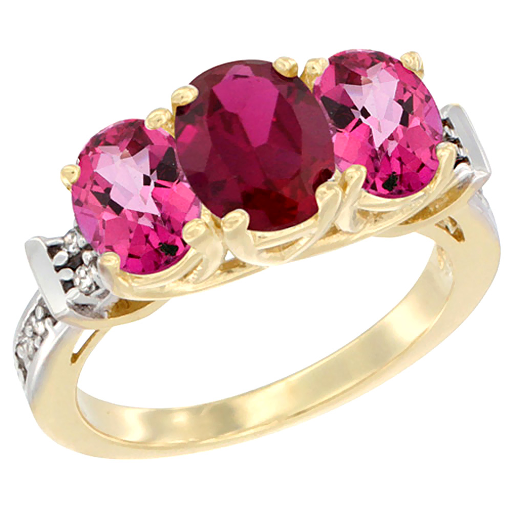 Sabrina Silver 10K Yellow Gold Enhanced Ruby & Pink Topaz Sides Ring 3-Stone Oval Diamond Accent, sizes 5 - 10