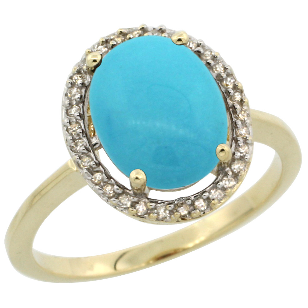 Sabrina Silver 10K Yellow Gold Natural Diamond Sleeping Beauty Turquoise Halo Engagement Ring Oval 10x8 mm, sizes 5 10
