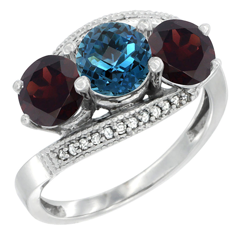 Sabrina Silver 10K White Gold Natural London Blue Topaz & Garnet Sides 3 stone Ring Round 6mm Diamond Accent, sizes 5 - 10