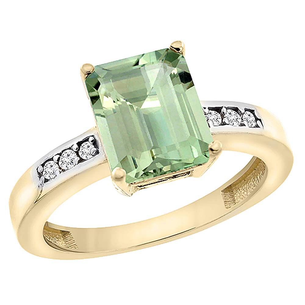 Sabrina Silver 14K Yellow Gold Natural Green Amethyst Octagon 9x7 mm with Diamond Accents, sizes 5 - 10