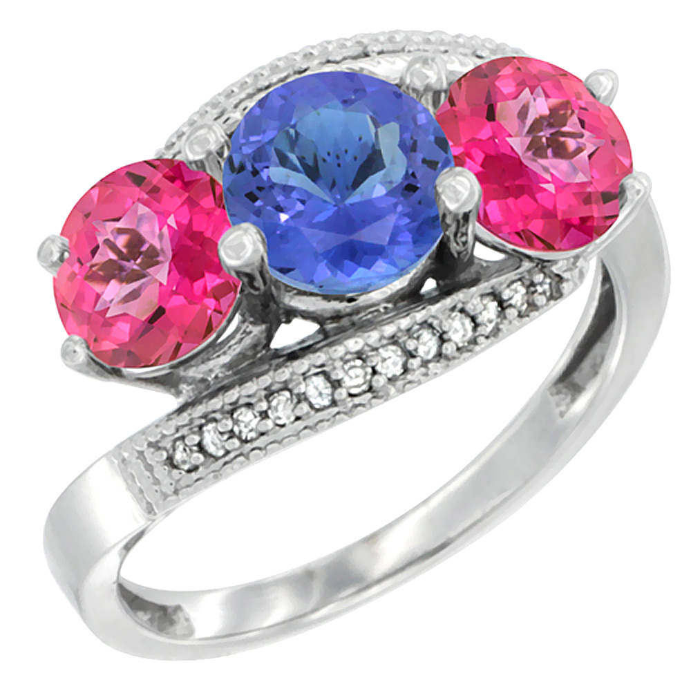 Sabrina Silver 14K White Gold Natural Tanzanite & Pink Topaz Sides 3 stone Ring Round 6mm Diamond Accent, sizes 5 - 10
