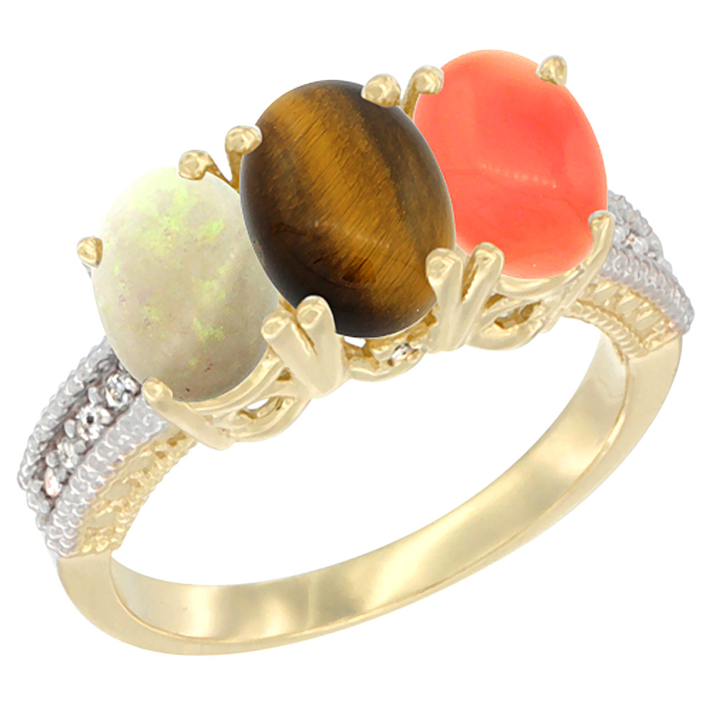 Sabrina Silver 10K Yellow Gold Diamond Natural Opal, Tiger Eye & Coral Ring 3-Stone 7x5 mm Oval, sizes 5 - 10