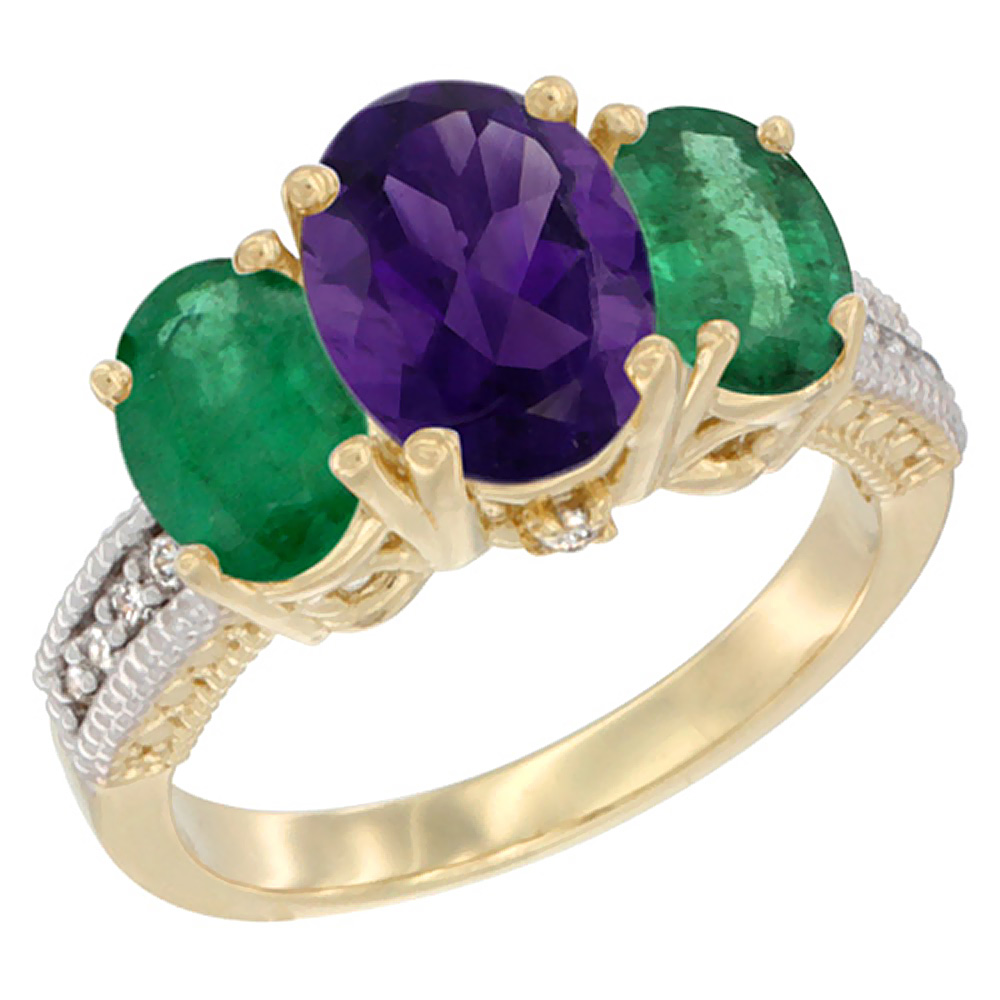 Sabrina Silver 14K Yellow Gold Diamond Natural Amethyst Ring 3-Stone Oval 8x6mm with Emerald, sizes5-10