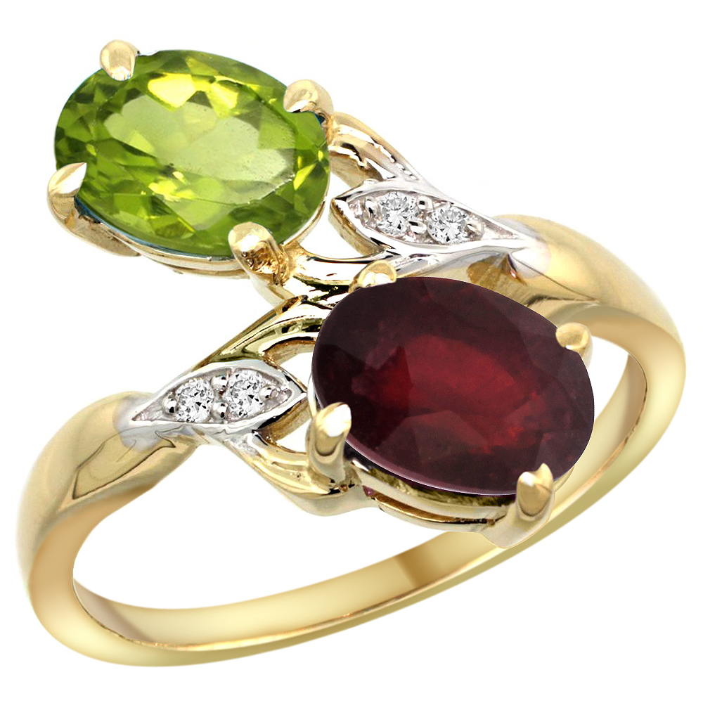 Sabrina Silver 10K Yellow Gold Diamond Natural Peridot & Quality Ruby 2-stone Mothers Ring Oval 8x6mm, size 5 - 10