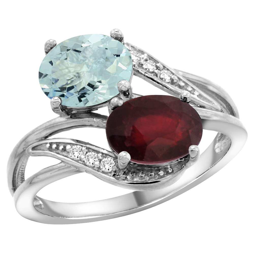 Sabrina Silver 10K White Gold Diamond Natural Aquamarine & Quality Ruby 2-stone Mothers Ring Oval 8x6mm, size 5 - 10