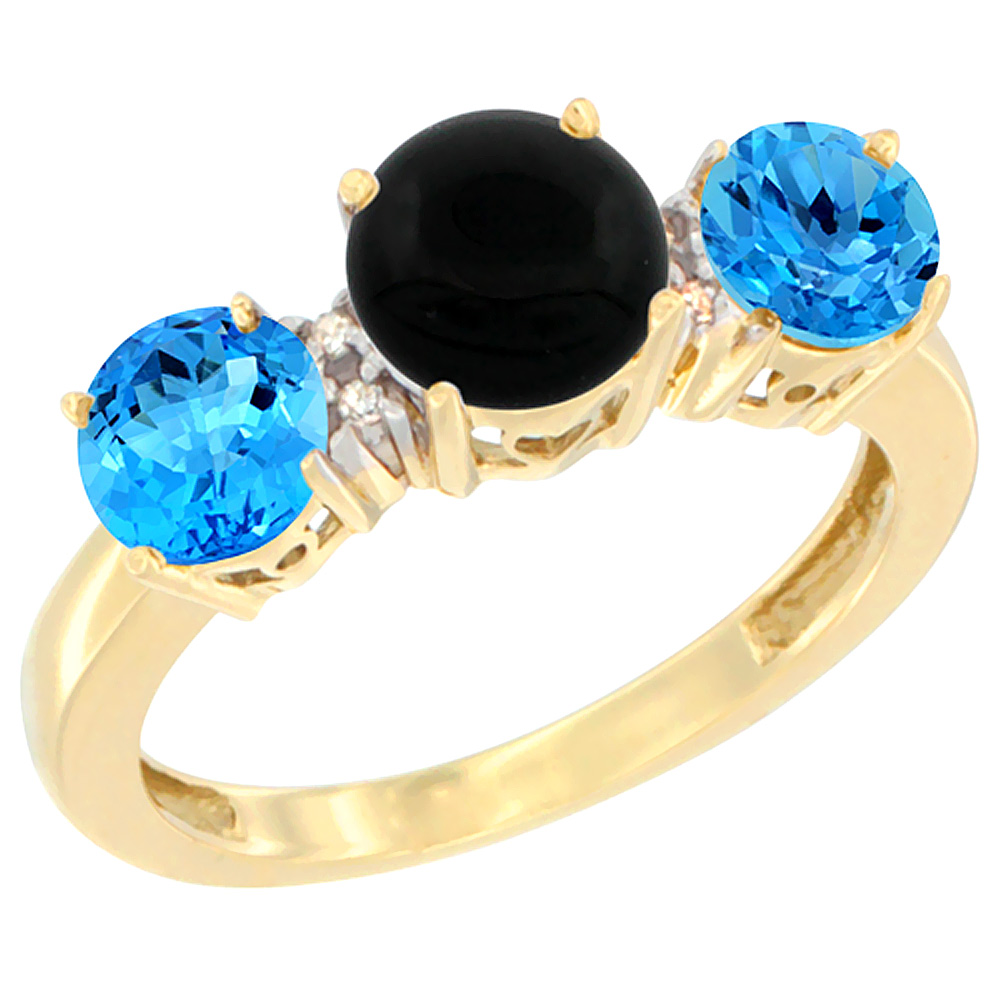 Sabrina Silver 14K Yellow Gold Round 3-Stone Natural Black Onyx Ring & Swiss Blue Topaz Sides Diamond Accent, sizes 5 - 10