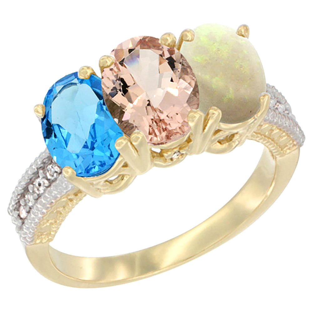 Sabrina Silver 14K Yellow Gold Natural Swiss Blue Topaz, Morganite & Opal Ring 3-Stone 7x5 mm Oval Diamond Accent, sizes 5 - 10