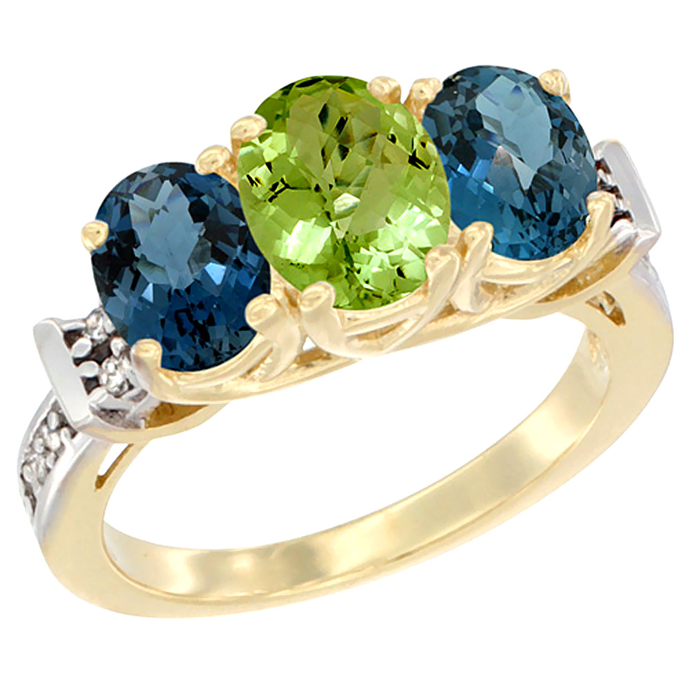 Sabrina Silver 10K Yellow Gold Natural Peridot & London Blue Topaz Sides Ring 3-Stone Oval Diamond Accent, sizes 5 - 10