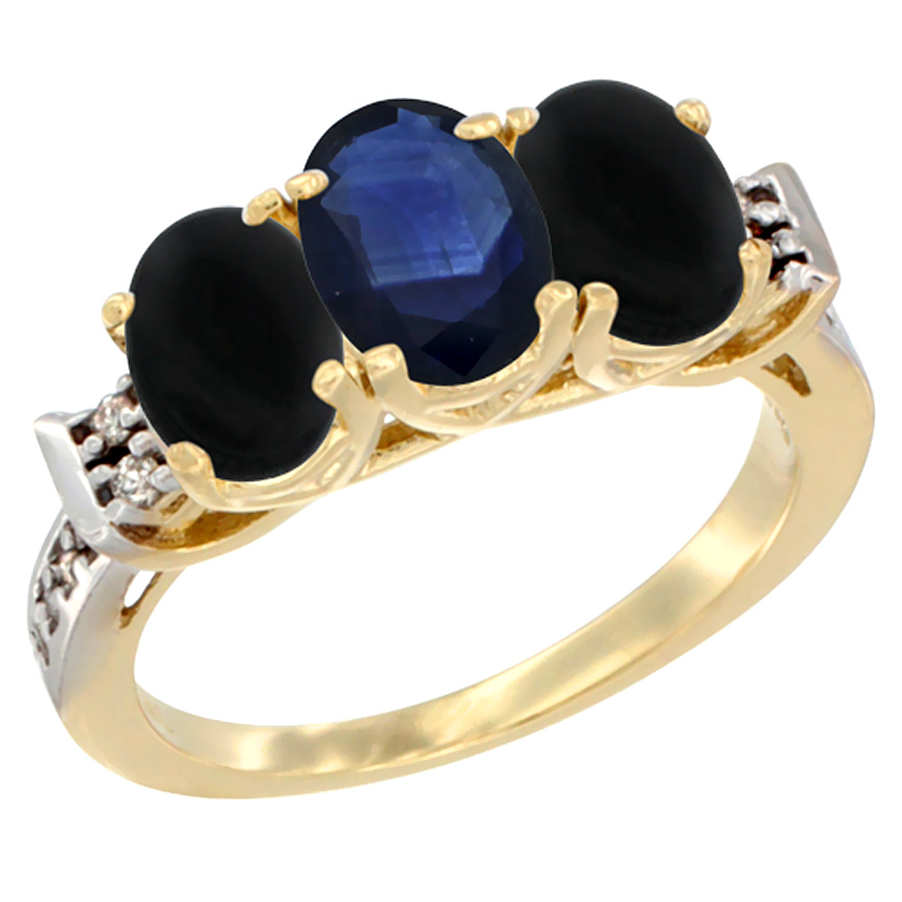 Sabrina Silver 10K Yellow Gold Natural Blue Sapphire & Black Onyx Sides Ring 3-Stone Oval 7x5 mm Diamond Accent, sizes 5 - 10