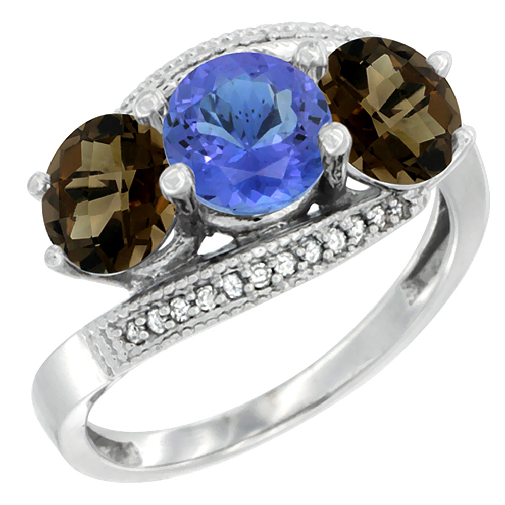 Sabrina Silver 10K White Gold Natural Tanzanite & Smoky Topaz Sides 3 stone Ring Round 6mm Diamond Accent, sizes 5 - 10