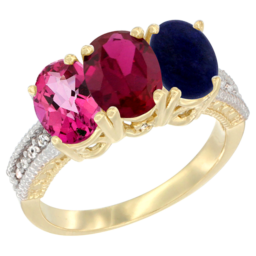 Sabrina Silver 10K Yellow Gold Diamond Natural Pink Topaz, Enhanced Ruby & Lapis Ring 3-Stone 7x5 mm Oval, sizes 5 - 10