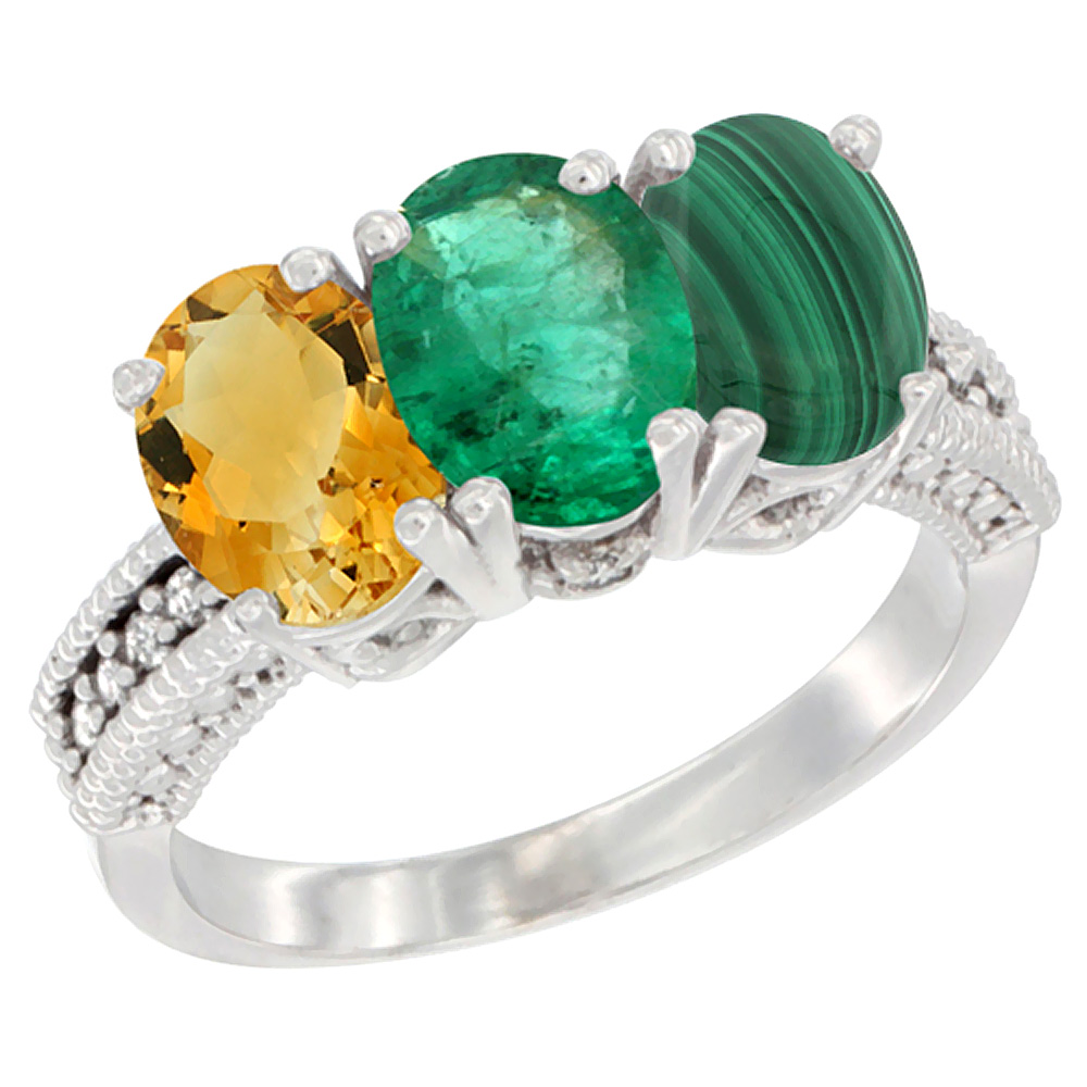 Sabrina Silver 14K White Gold Natural Citrine, Emerald & Malachite Ring 3-Stone 7x5 mm Oval Diamond Accent, sizes 5 - 10