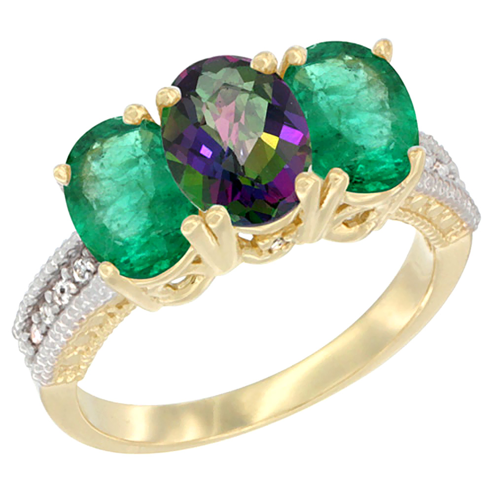 Sabrina Silver 14K Yellow Gold Natural Mystic Topaz & Emerald Sides Ring 3-Stone 7x5 mm Oval Diamond Accent, sizes 5 - 10