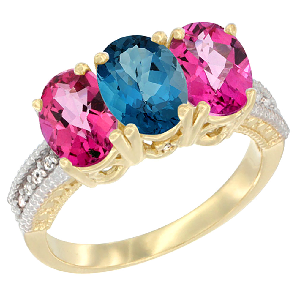 Sabrina Silver 10K Yellow Gold Diamond Natural London Blue Topaz & Pink Topaz Ring 3-Stone Oval 7x5 mm, sizes 5 - 10