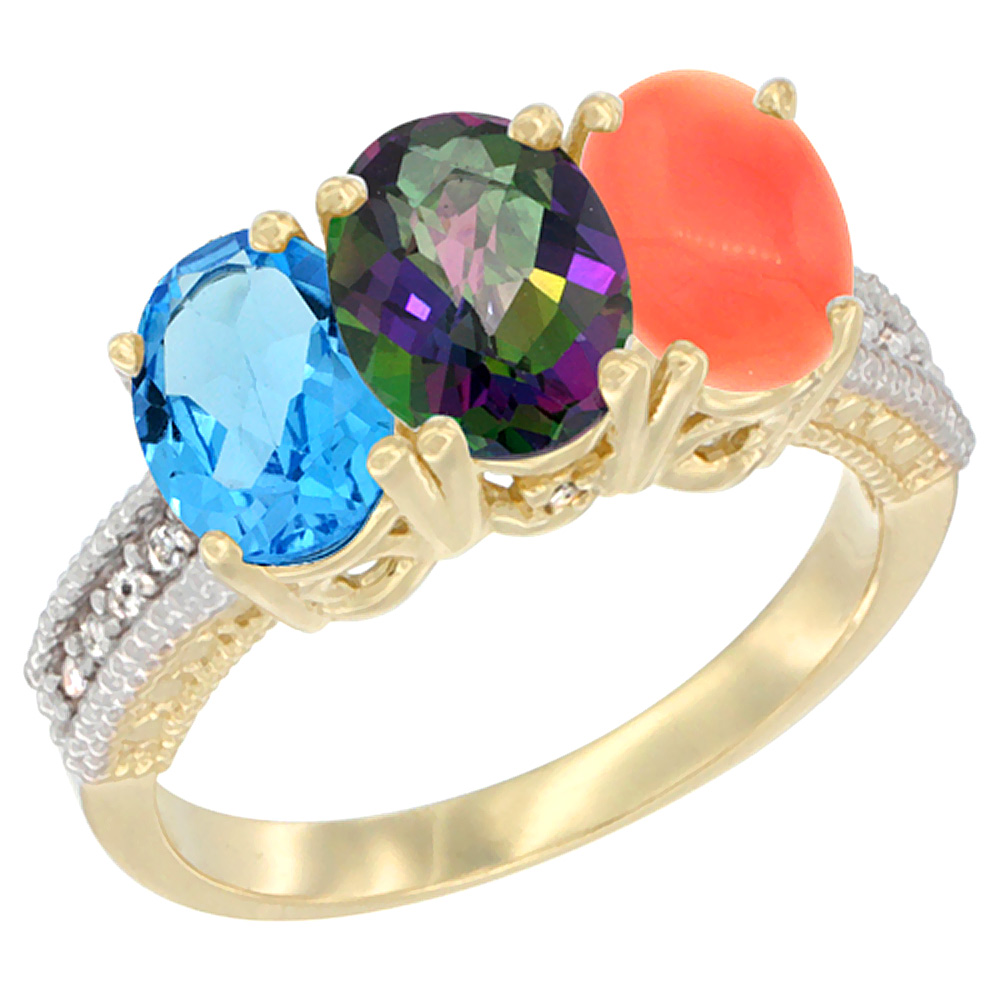 Sabrina Silver 14K Yellow Gold Natural Swiss Blue Topaz, Mystic Topaz & Coral Ring 3-Stone 7x5 mm Oval Diamond Accent, sizes 5 - 10
