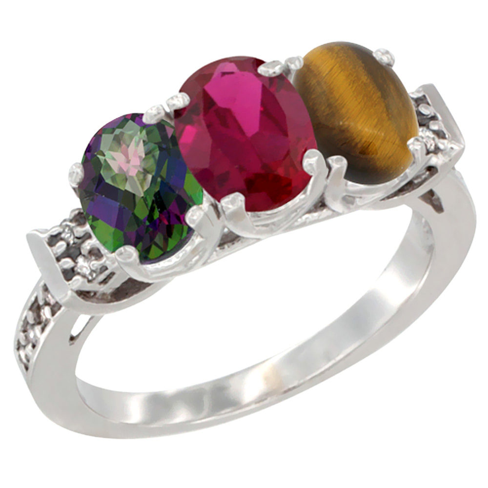 Sabrina Silver 10K White Gold Natural Mystic Topaz, Enhanced Ruby & Natural Tiger Eye Ring 3-Stone Oval 7x5 mm Diamond Accent, sizes 5 - 10