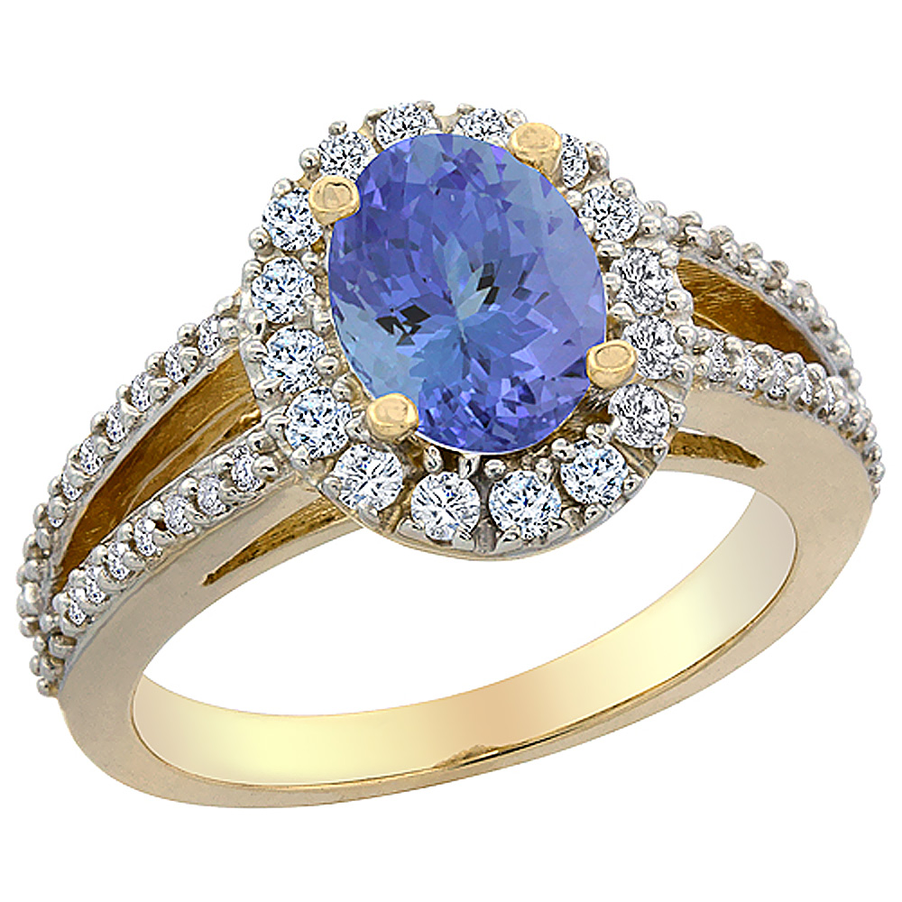 Sabrina Silver 14K Yellow Gold Natural Tanzanite Halo Ring Oval 8x6 mm with Diamond Accents, sizes 5 - 10