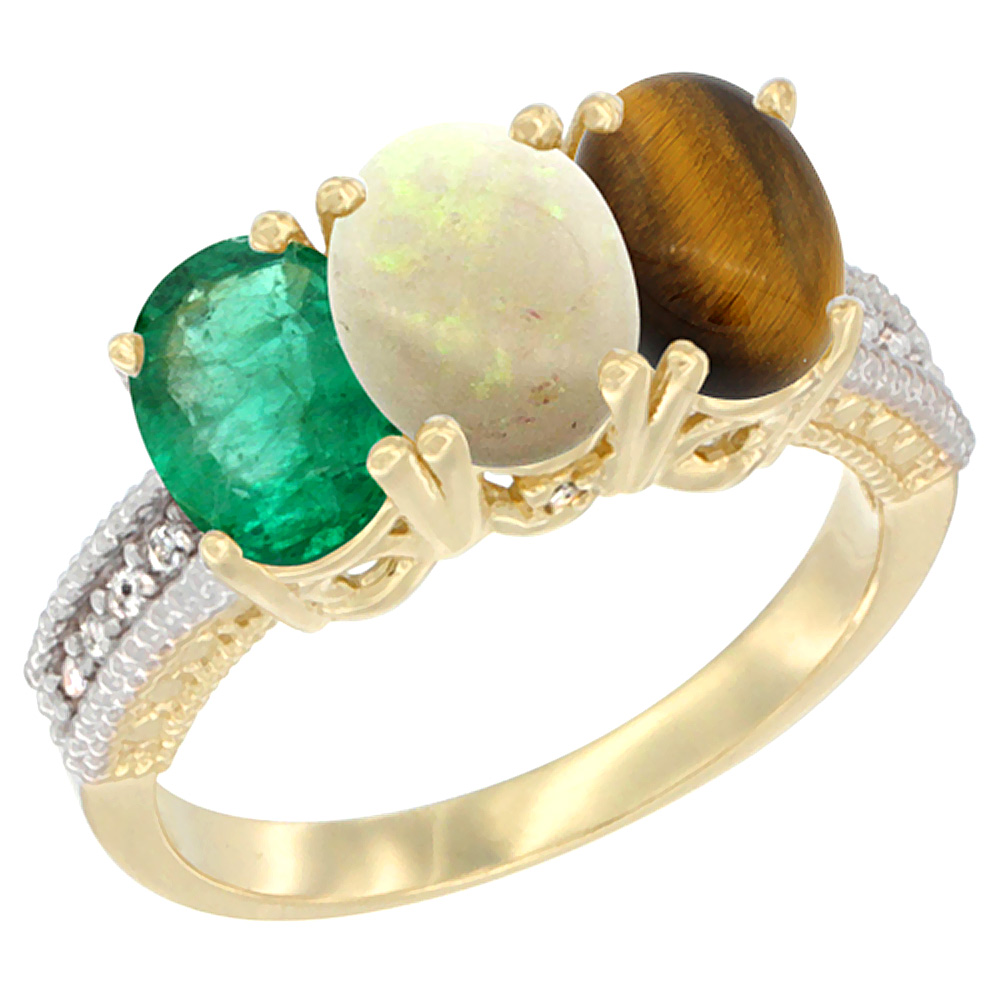 Sabrina Silver 10K Yellow Gold Diamond Natural Emerald, Opal & Tiger Eye Ring 3-Stone 7x5 mm Oval, sizes 5 - 10