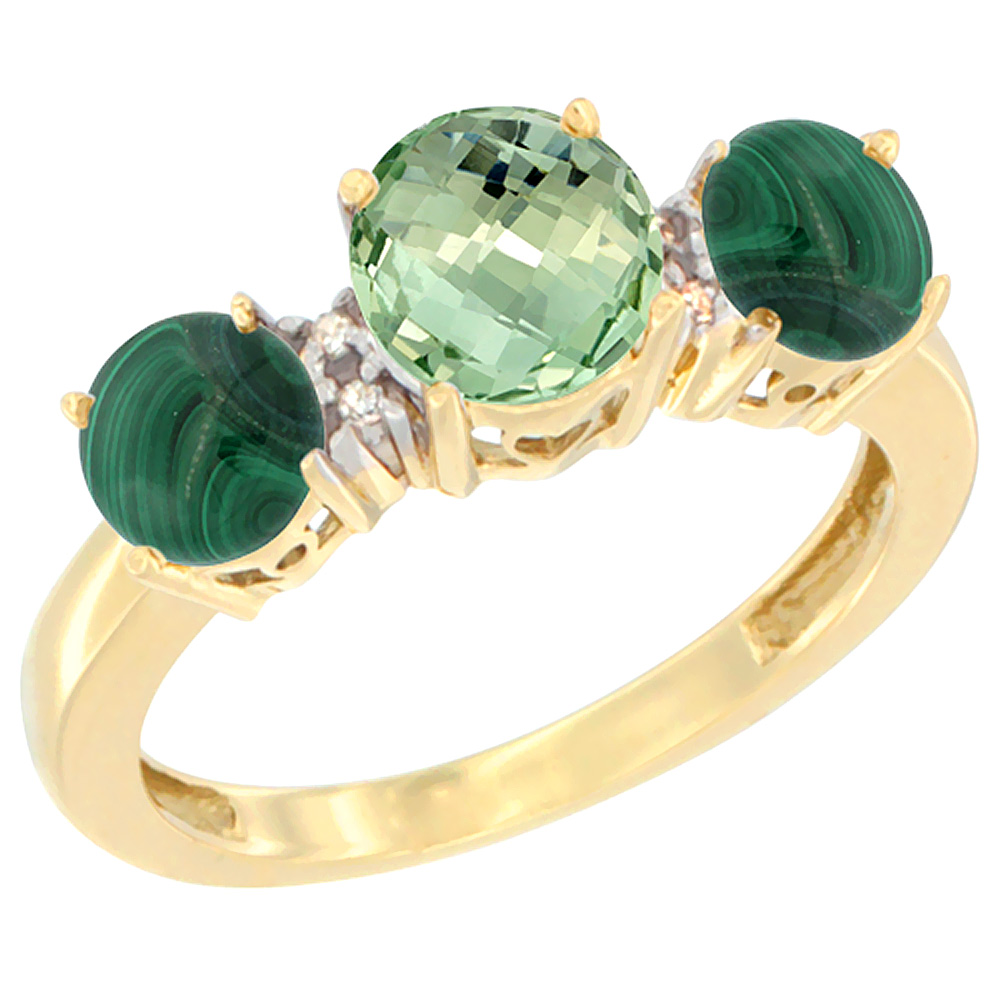 Sabrina Silver 14K Yellow Gold Round 3-Stone Natural Green Amethyst Ring & Malachite Sides Diamond Accent, sizes 5 - 10