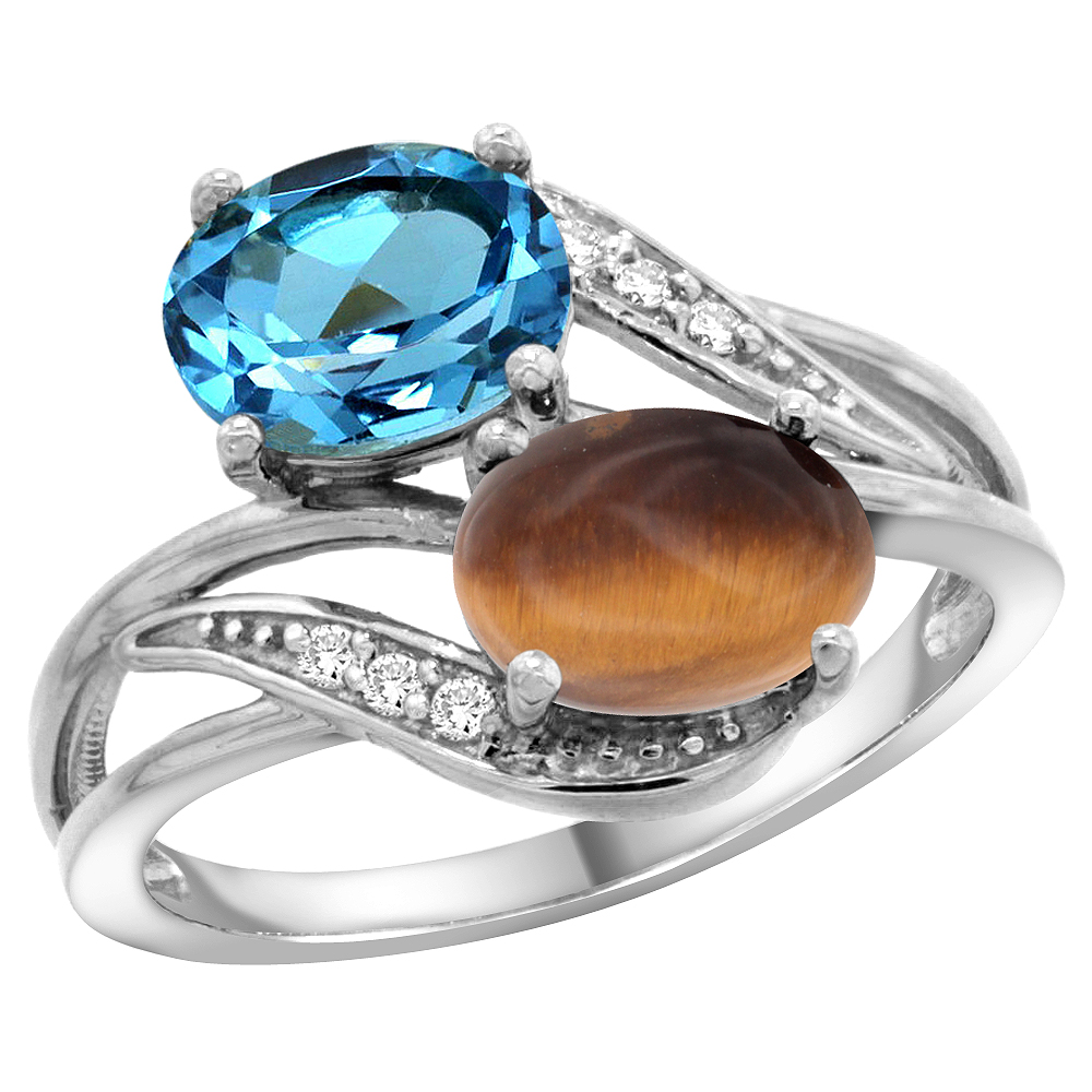 Sabrina Silver 10K White Gold Diamond Natural Swiss Blue Topaz & Tiger Eye 2-stone Ring Oval 8x6mm, sizes 5 - 10