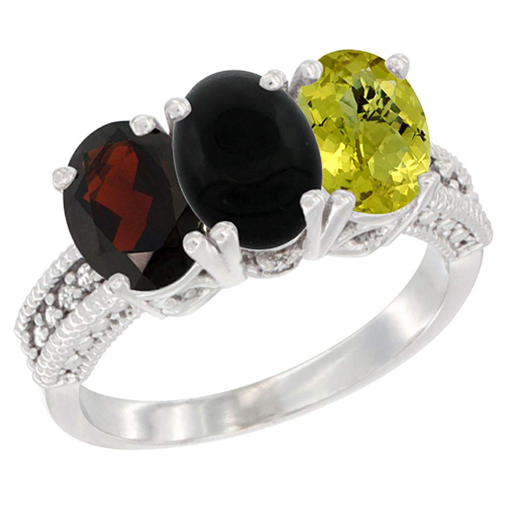 Sabrina Silver 10K White Gold Natural Garnet, Black Onyx & Lemon Quartz Ring 3-Stone Oval 7x5 mm Diamond Accent, sizes 5 - 10