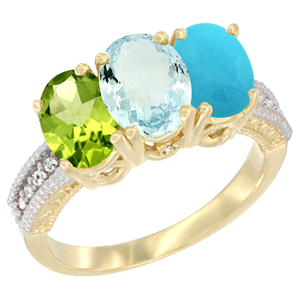 Sabrina Silver 14K Yellow Gold Natural Peridot, Aquamarine & Turquoise Ring 3-Stone 7x5 mm Oval Diamond Accent, sizes 5 - 10