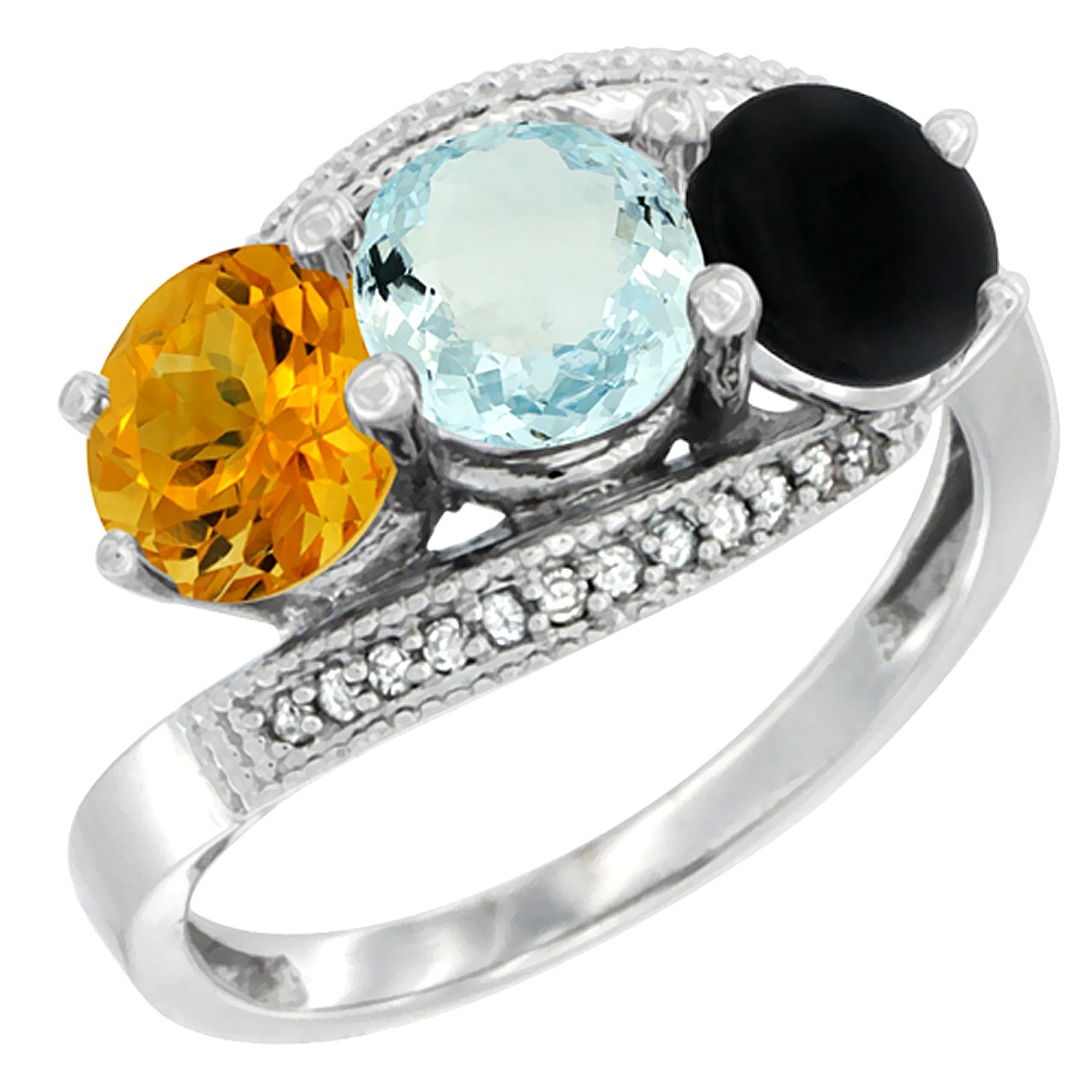 Sabrina Silver 14K White Gold Natural Citrine, Aquamarine & Black Onyx 3 stone Ring Round 6mm Diamond Accent, sizes 5 - 10