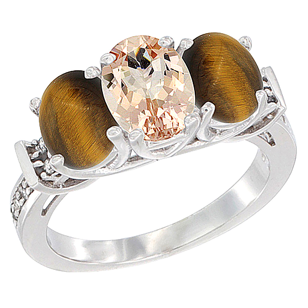 Sabrina Silver 14K White Gold Natural Morganite & Tiger Eye Sides Ring 3-Stone Oval Diamond Accent, sizes 5 - 10