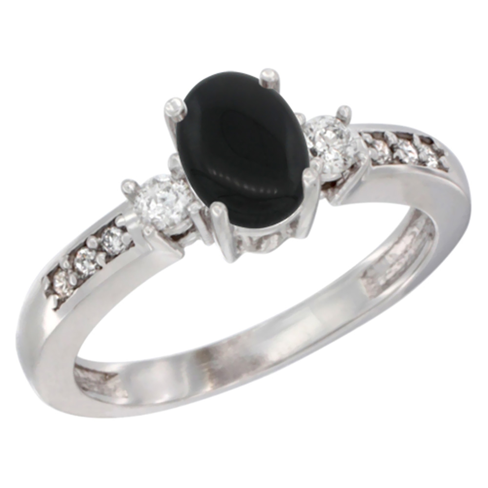 Sabrina Silver 14K White Gold Diamond Natural Black Onyx Engagement Ring Oval 7x5 mm, sizes 5 - 10