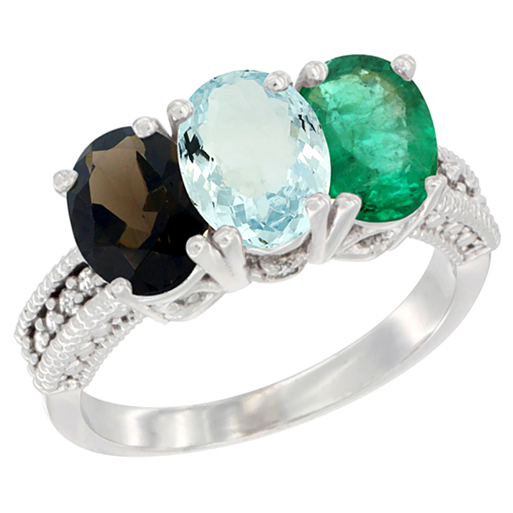 Sabrina Silver 10K White Gold Natural Smoky Topaz, Aquamarine & Emerald Ring 3-Stone Oval 7x5 mm Diamond Accent, sizes 5 - 10