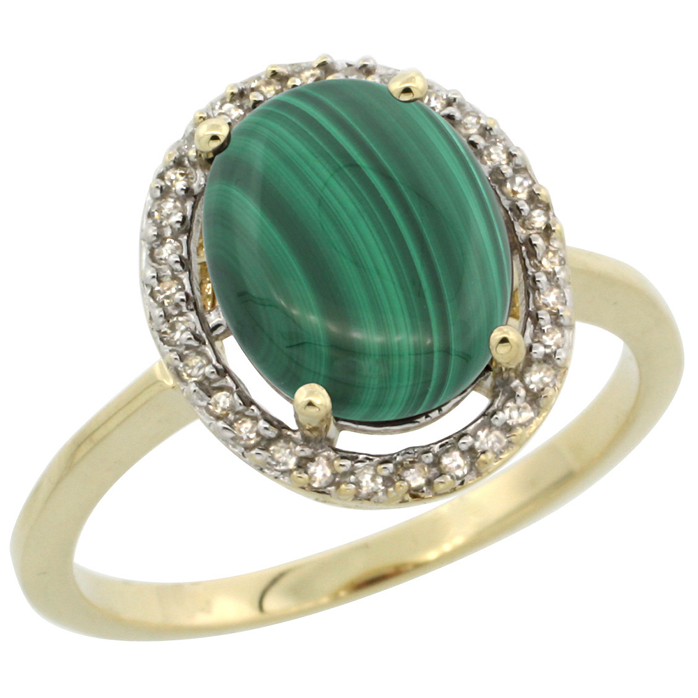 Sabrina Silver 10K Yellow Gold Diamond Halo Natural Malachite Engagement Ring Oval 10x8 mm, sizes 5 10