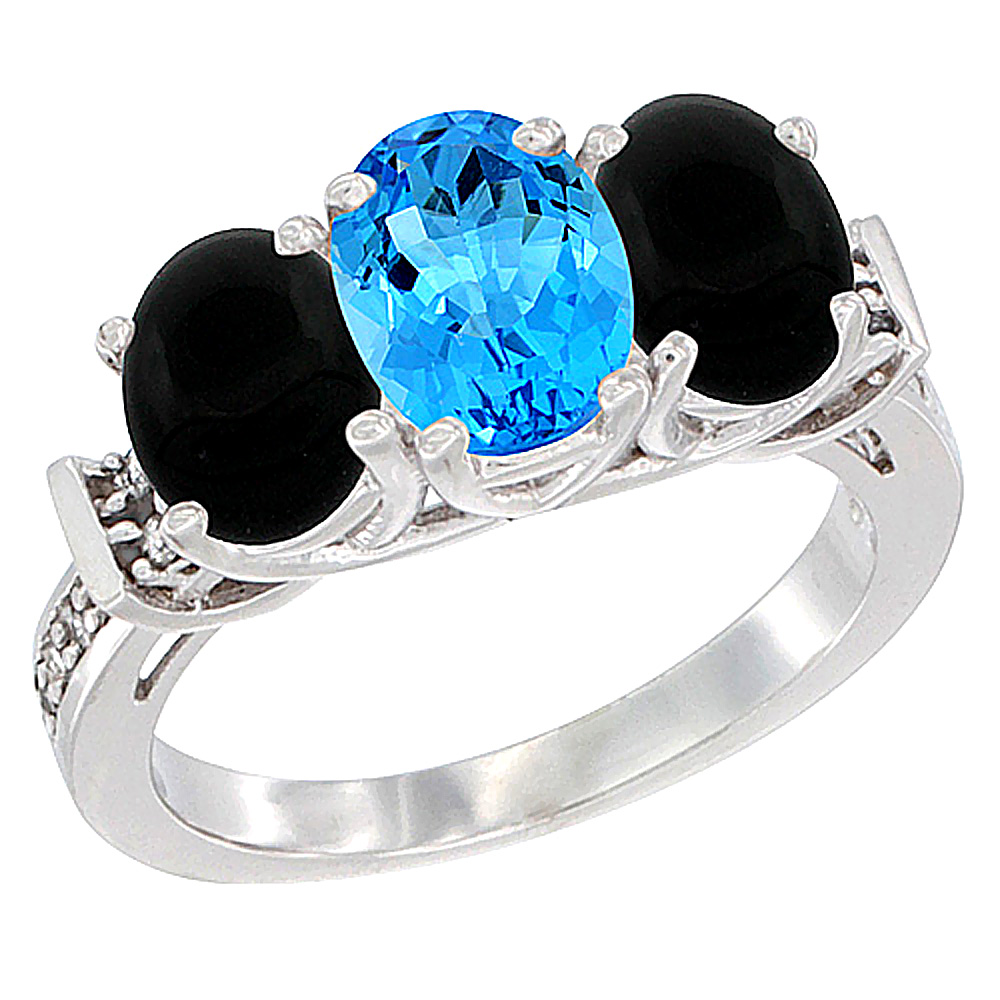 Sabrina Silver 10K White Gold Natural Swiss Blue Topaz & Black Onyx Sides Ring 3-Stone Oval Diamond Accent, sizes 5 - 10