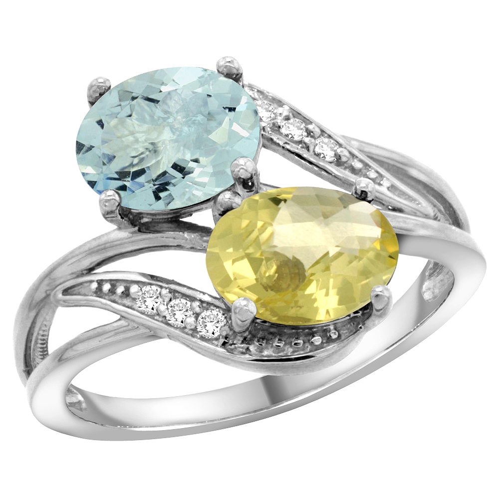 Sabrina Silver 10K White Gold Diamond Natural Aquamarine & Lemon Quartz 2-stone Ring Oval 8x6mm, sizes 5 - 10