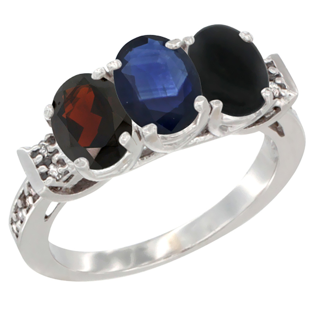 Sabrina Silver 14K White Gold Natural Garnet, Blue Sapphire & Black Onyx Ring 3-Stone 7x5 mm Oval Diamond Accent, sizes 5 - 10