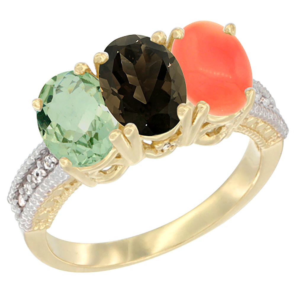 Sabrina Silver 14K Yellow Gold Natural Green Amethyst, Smoky Topaz & Coral Ring 3-Stone 7x5 mm Oval Diamond Accent, sizes 5 - 10