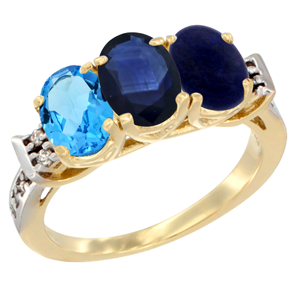 Sabrina Silver 14K Yellow Gold Natural Swiss Blue Topaz, Blue Sapphire & Lapis Ring 3-Stone 7x5 mm Oval Diamond Accent, sizes 5 - 10