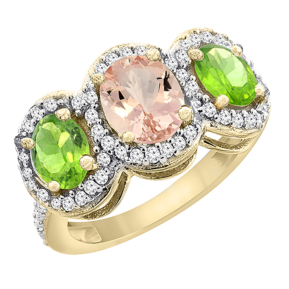 Sabrina Silver 10K Yellow Gold Natural Morganite & Peridot 3-Stone Ring Oval Diamond Accent, sizes 5 - 10