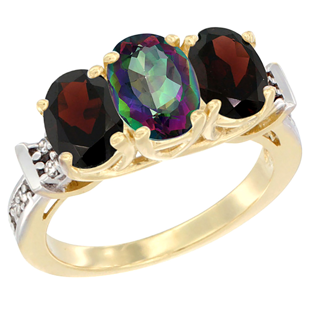 Sabrina Silver 14K Yellow Gold Natural Mystic Topaz & Garnet Sides Ring 3-Stone Oval Diamond Accent, sizes 5 - 10